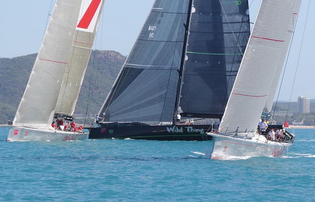 Wild Oats X came off the pin and Wild Thing a little late took Oats XI stern - Audi Hamilton Island Race Week 2013 Day 1 © Sail-World.com http://www.sail-world.com
